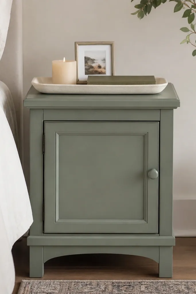 A sage green painted side table with a cabinet door and curved knob. On top is a cream ceramic tray with a candle, a small framed photo, and a closed book.