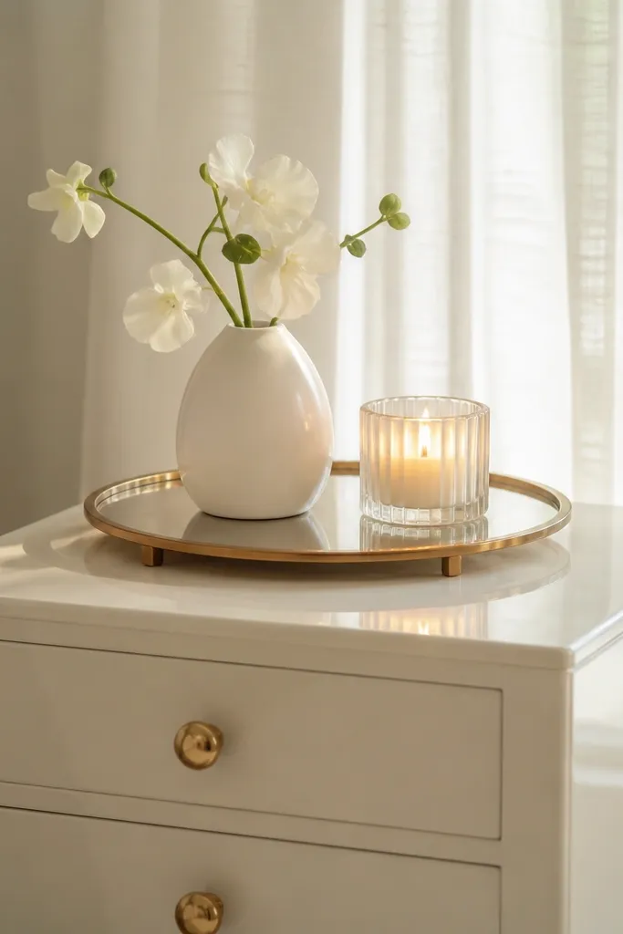 A glossy off-white side table with gold drawer pulls. A gold-rimmed tray holds a small white vase and a lit candle; behind it, sheer curtains catch light.