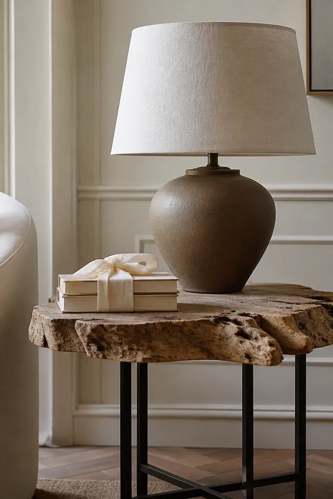 A side table with a thick, driftwood-style top and a simple metal base. A textured off-white shade sits on a lamp; a small stack of books is tied with a cream ribbon.