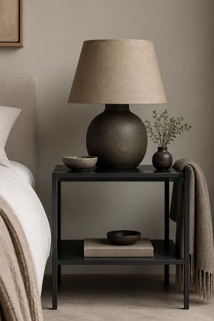 A blackened steel side table with a lower shelf and a matte finish. A taupe lampshade with a slight texture sits on top; a folded throw hangs over one side of the table.
