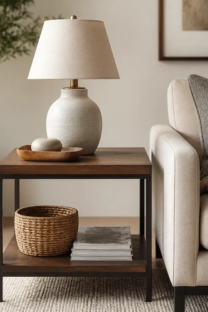 A two-tier side table with a wood top and a lower display shelf. On the top are a lamp and a tray; on the lower shelf are a basket and a stack of magazines.