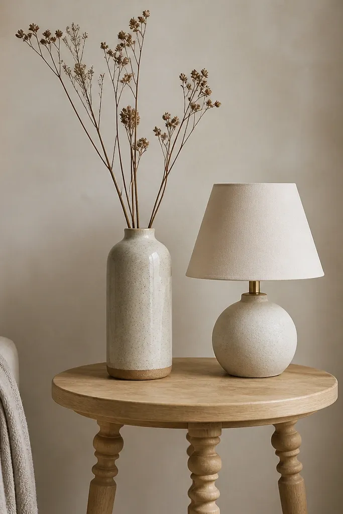 A small round side table in light wood with turned legs. A single tall ceramic vase sits centered with dried stems; beside it is a compact lamp with a cream shade.