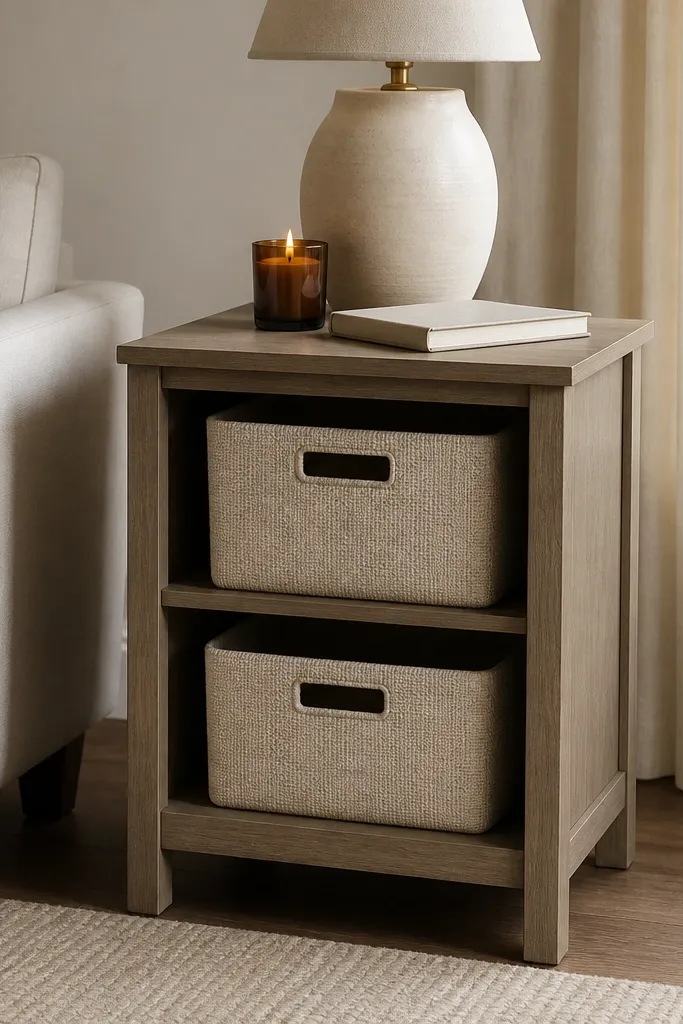 A side table with a cubby and open shelves. Inside are two beige fabric bins; on top sits a lamp, a small candle, and a book lying flat.
