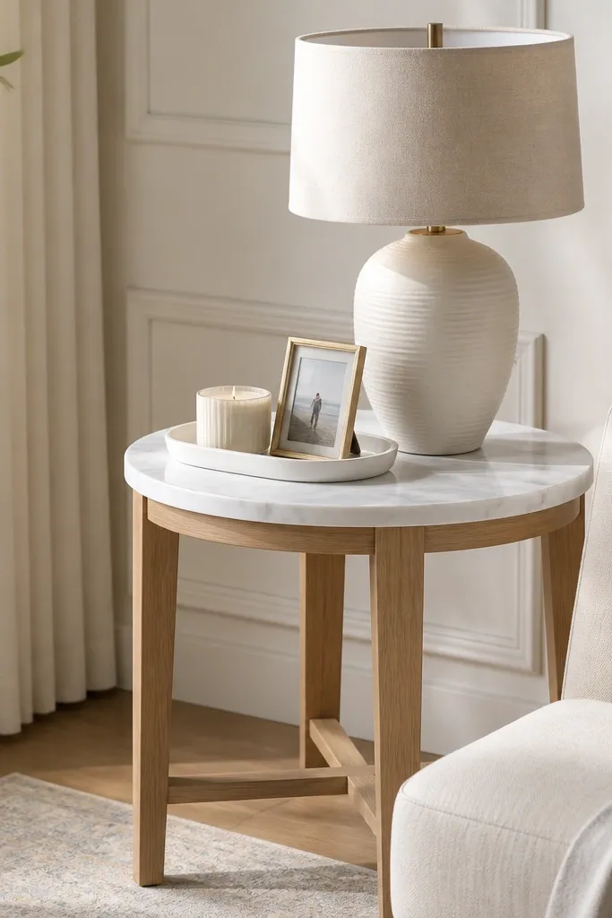 A side table with a faux marble top and a light oak base. A white ceramic tray holds a candle and a small photo frame; the lamp has a light beige shade.