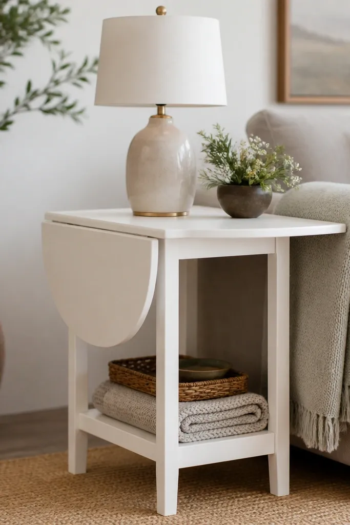 A drop-leaf side table painted warm white, with one leaf down and one leaf up. A small lamp sits on the open section; a compact tray and a folded throw sit on the lower shelf.