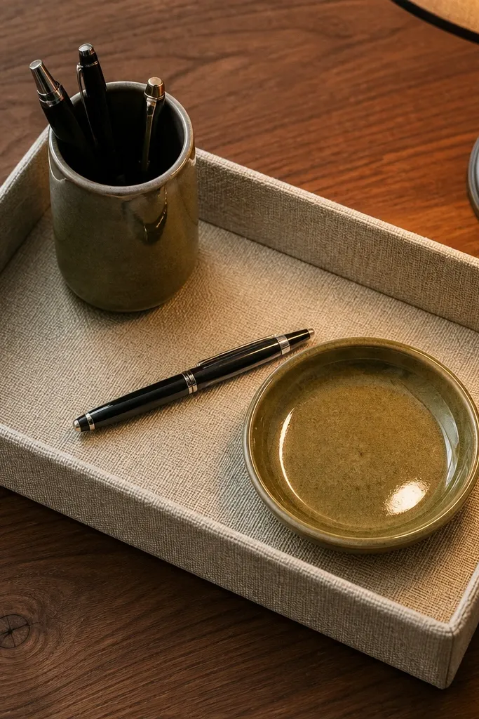 Cream linen tray with olive ceramic pen cup and small dish on a light wood desk