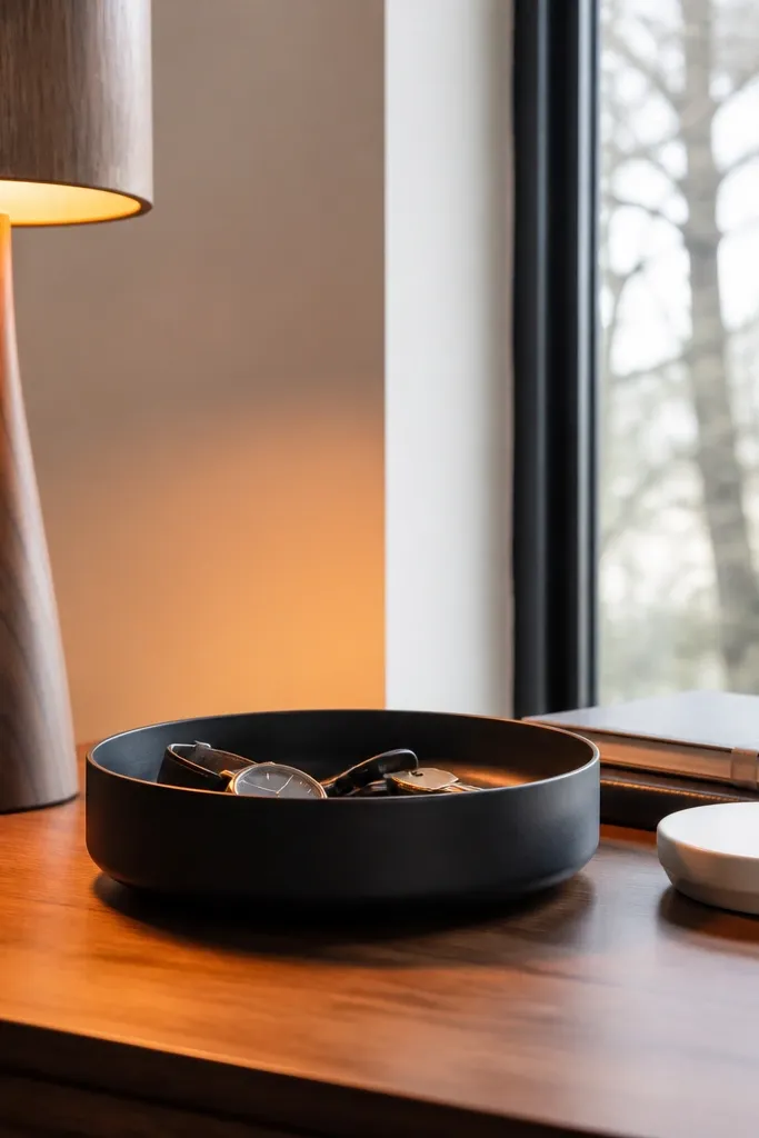 Walnut desk lamp beside a matte black tray holding paper clips and a small notepad