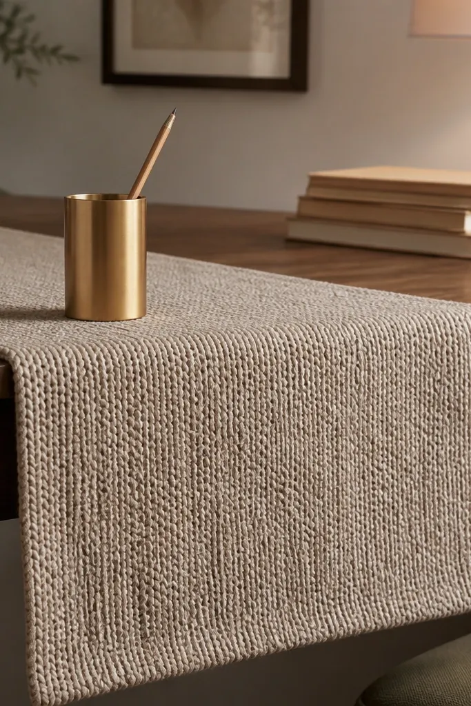Oatmeal knit runner with a slim gold pen holder and a small ceramic coaster