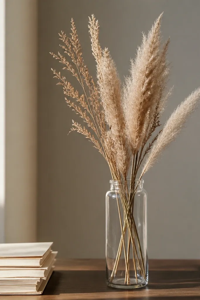 Tall narrow vase with dried feathery stems next to a clear glass jar on a desk