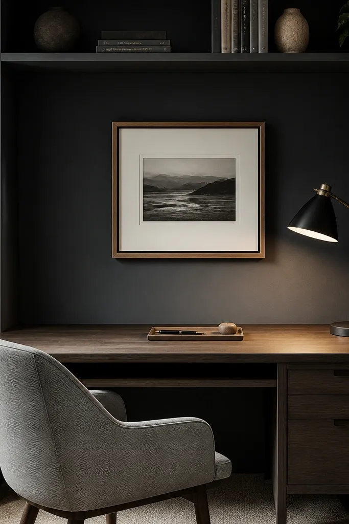 Small framed print on a wall shelf above a desk with a minimal tray below
