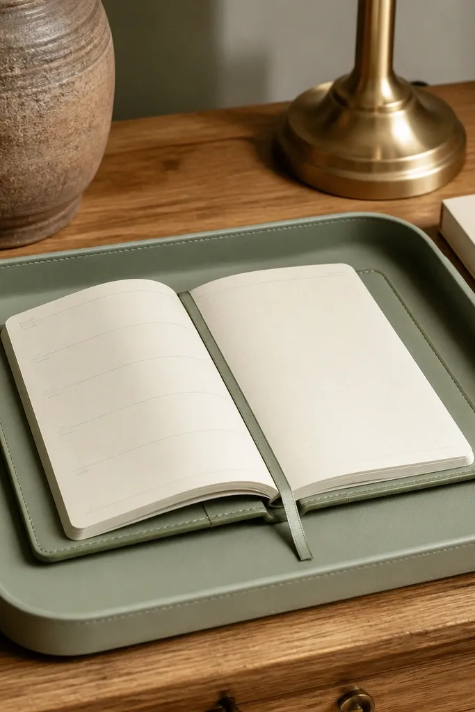 Sage green planner on a desk with a linen ribbon bookmark and a small ceramic dish