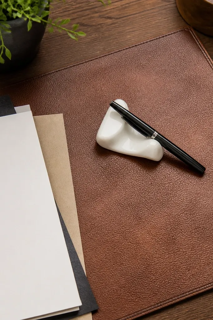 Brown leather desk pad with a white ceramic pen rest and a small notebook