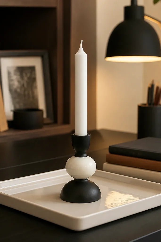 White ceramic tray holding a black candle holder and a cream taper candle on a desk