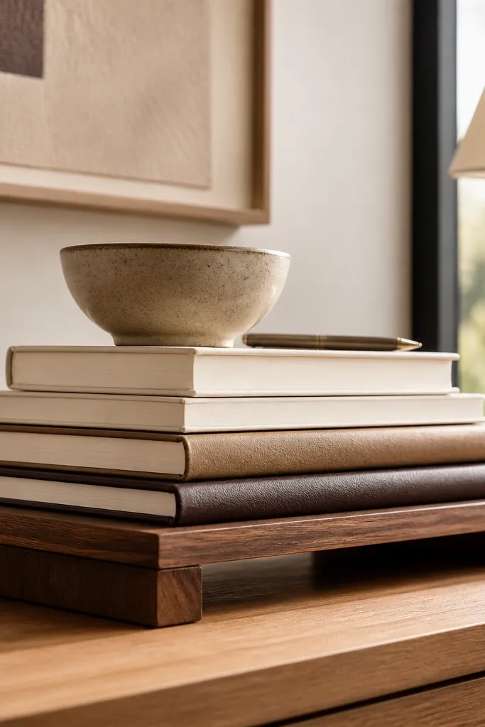 Small warm wood riser with stacked books and a ceramic bowl for paper clips