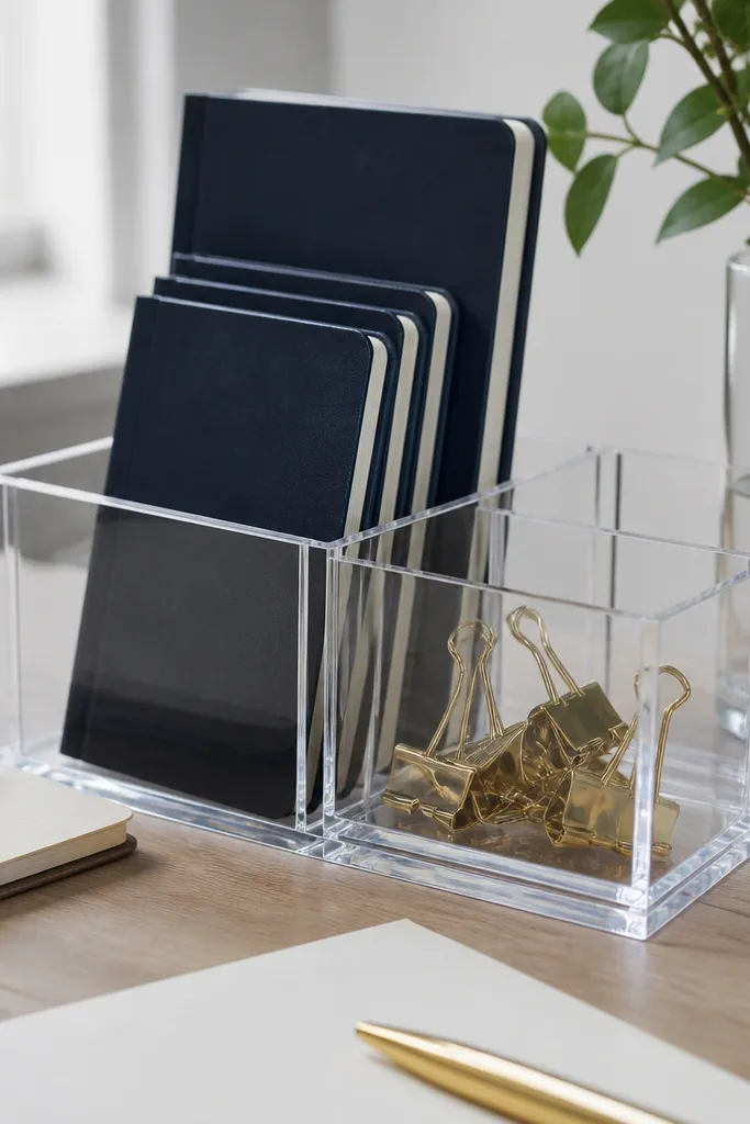 Navy notebook with brass clips in a clear acrylic organizer on a desk