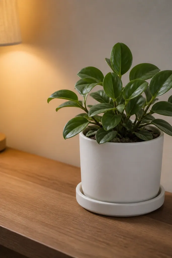 Small plant in a matte ceramic pot on a saucer tray beside a desk