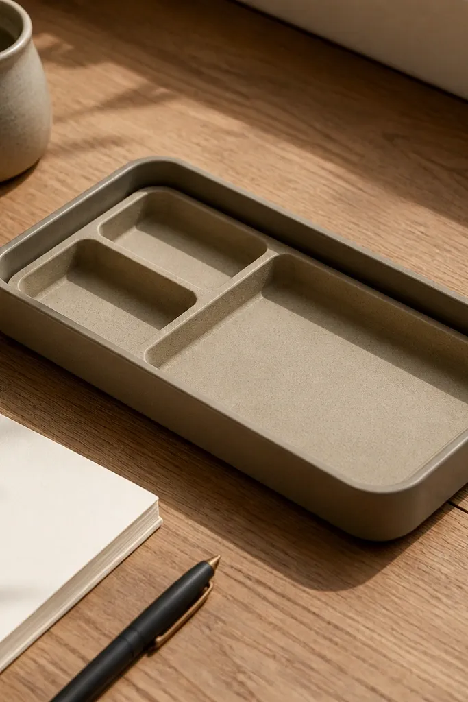 Neutral tray with a removable insert and a small ceramic dish for seasonal color