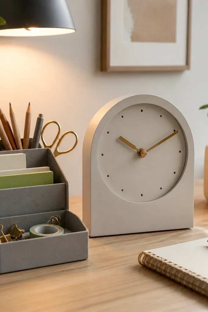 Soft grey desk organizer with a cream desk clock and a small tray for stationery