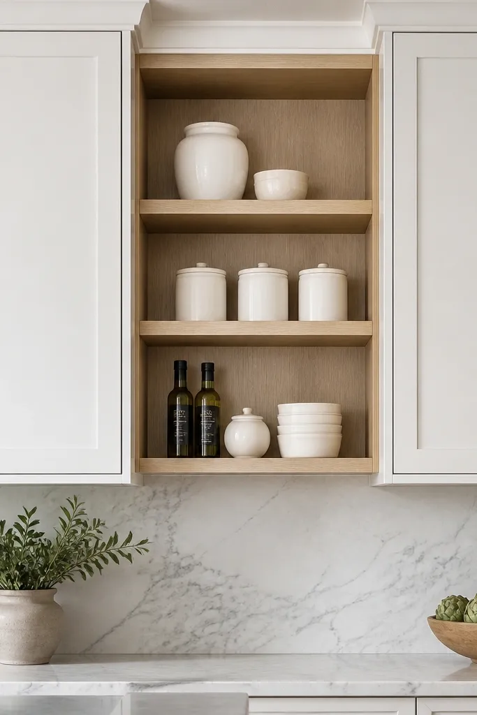 A kitchen wall shows full-height white upper cabinets. Between them, open shelving is made from pale white oak with rift-sawn grain lines, finished in a matte clear coat. The shelves hold white ceramic canisters and a few olive oil bottles with dark labels.
