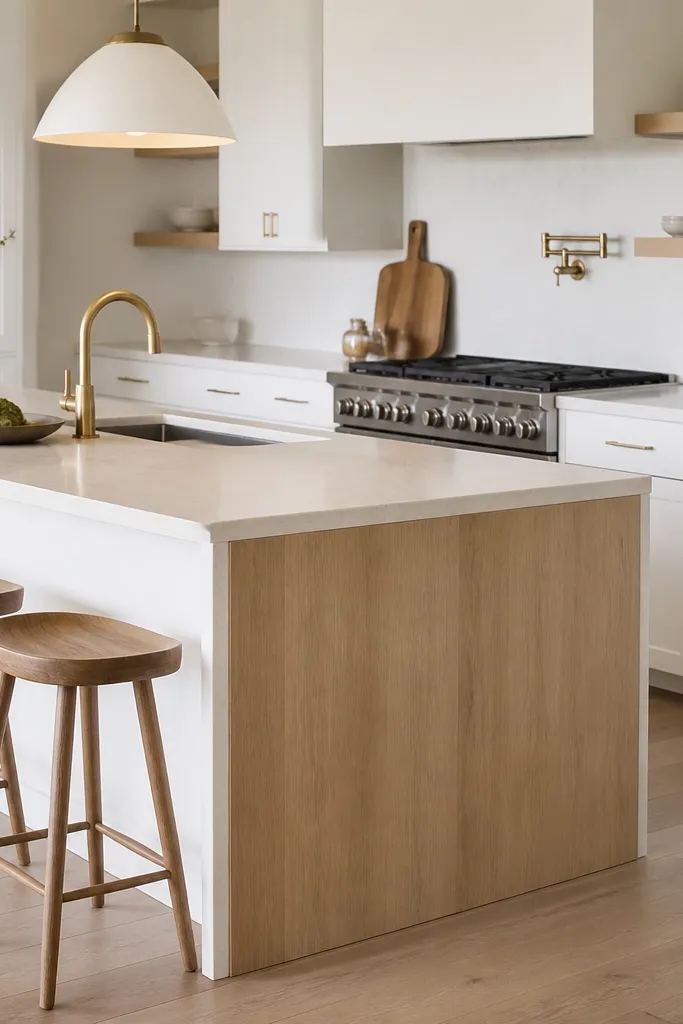 A white kitchen island has a waterfall front where the white oak panel runs from top to floor on one side. The countertop is a light warm quartz. The rest of the cabinets are white, and the waterfall panel is sealed with a matte finish.