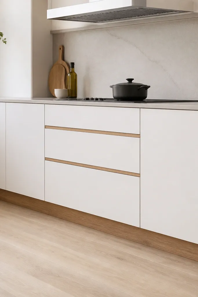 The base cabinets are mostly white, but the toe-kick is a continuous strip of white oak. The drawer fronts have a narrow oak band running along the bottom edge. A light wood floor stretches under the cabinetry.