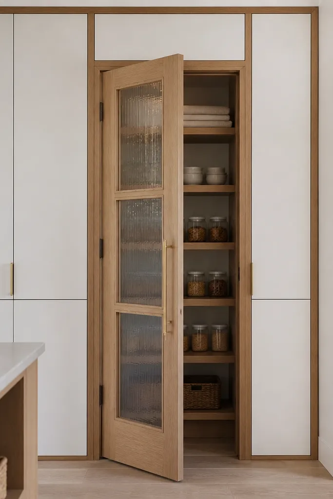 A pantry wall has white cabinets with a framing detail made from white oak. The pantry door has glass inserts with a subtle texture. Inside shelves show folded linens and neatly stacked jars.