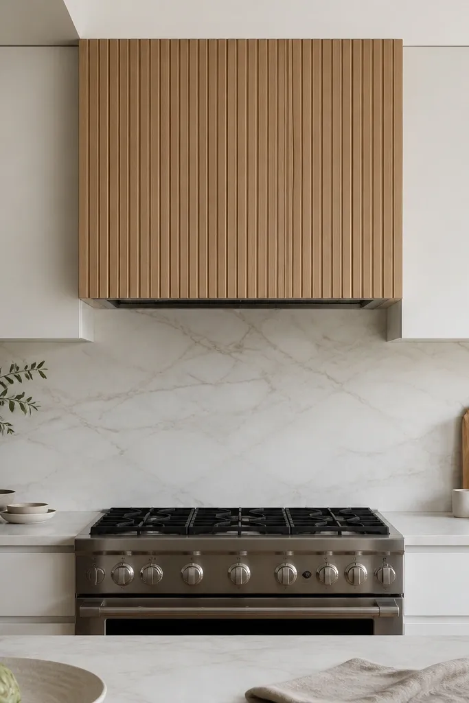 Above the range, a vent hood cover is wrapped in vertical white oak slats. The surrounding cabinets are white and flat-front. The hood has a slim stainless or black vent trim line.