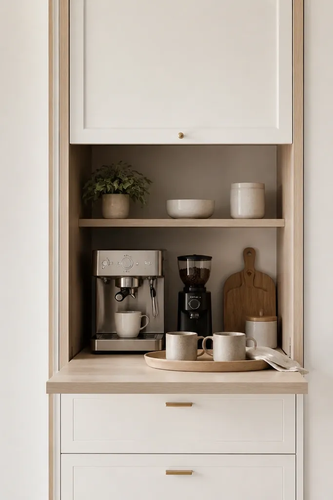 A built-in coffee station sits in a white cabinet niche. The niche has a white oak frame around it, and the microwave is integrated behind a matching white door. A light wood tray and mugs sit on a pull-out shelf.