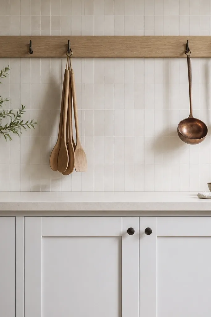 A section of wall has white cabinet doors below. A white oak horizontal rail runs across above the cabinets, with hooks holding a wooden spoon set and a couple of hanging ladles. A simple backsplash in light tile sits behind.