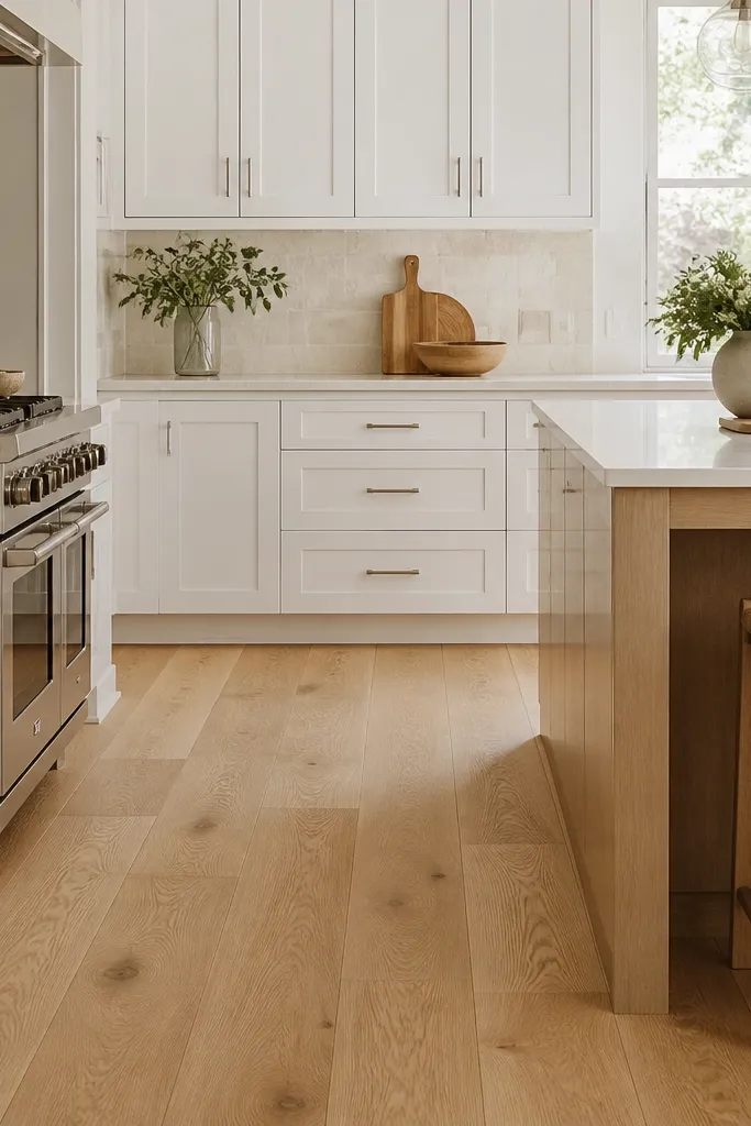 A kitchen floor shows wide-plank white oak with a satin finish. White cabinets line the walls, and the backsplash is light stone. The hardware is brushed nickel, and the overall palette is warm-neutral.