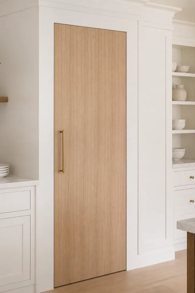 A pantry door is mostly white oak with a simple vertical grain look. The handle is a brushed brass bar. Surrounding cabinets are white, and there are small crown details in matching white paint.
