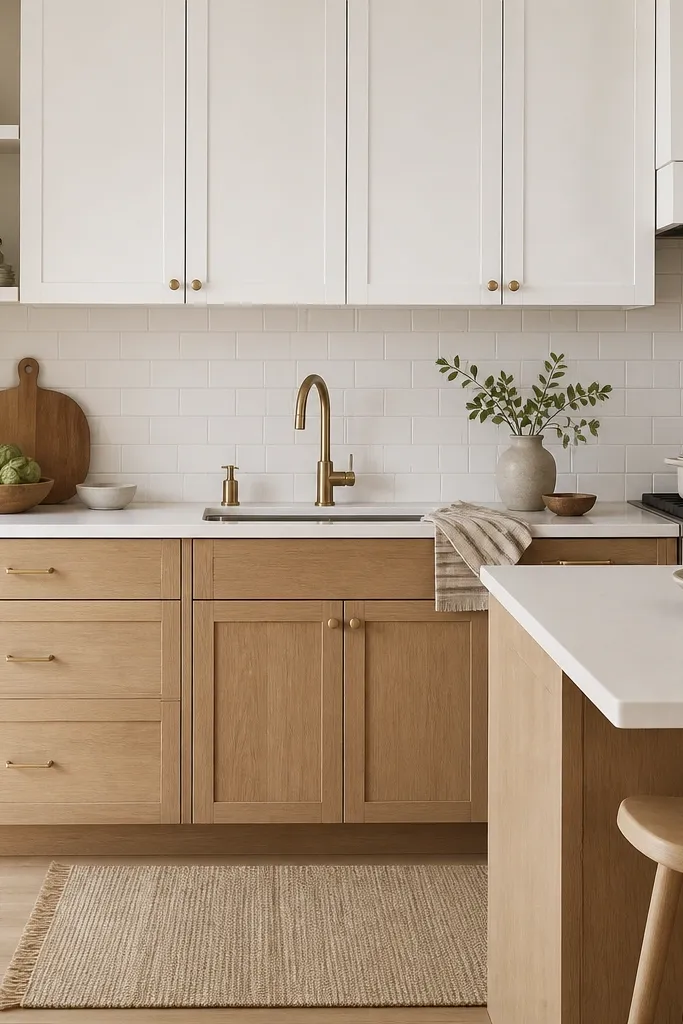 The upper cabinets are white with simple shaker doors. The lowers are white oak with a matte clear finish. The countertop is a light neutral slab, and the backsplash is minimal white subway tile.