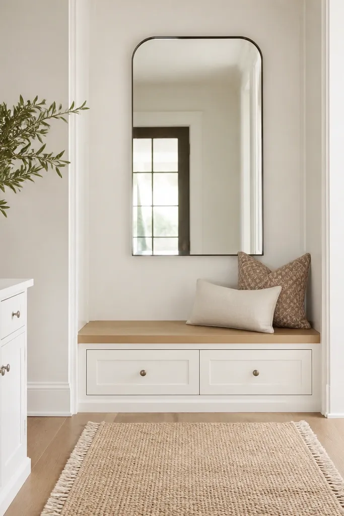 An entryway has a white oak bench with a white painted frame trim around it. A wall mirror sits above, and there's a slim white cabinet below with brushed nickel knobs. A woven runner covers the floor.