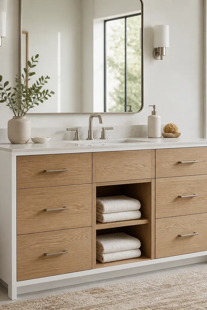 A bathroom vanity has a white cabinet body with white oak drawer fronts. The countertop is a light stone, and the mirror frame is brushed nickel. There's a small open shelf with folded towels.