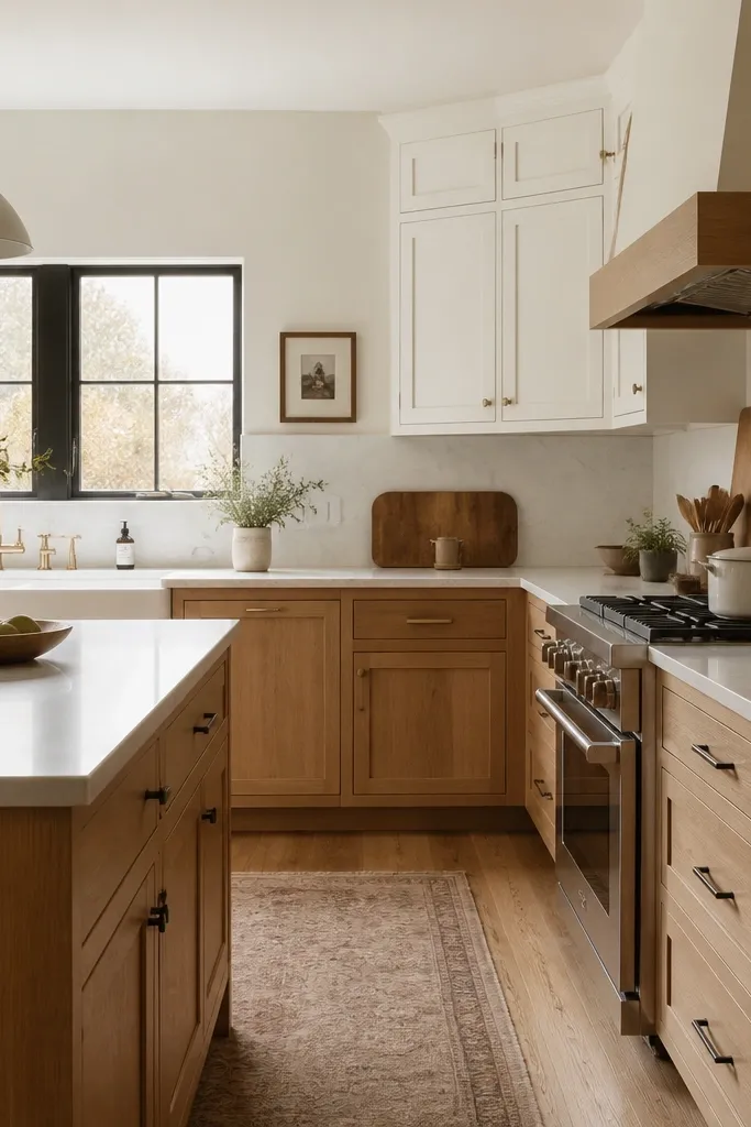 Cozy white oak and white kitchen cabinets for everyday living