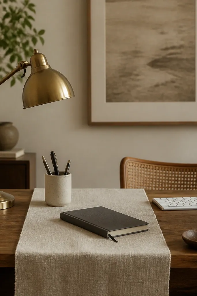 A wooden desk with a cream linen runner centered lengthwise, a warm brass desk lamp on the left, and a dark gray notebook resting near the keyboard. A small ceramic cup holds pens, and the background wall has a muted beige framed print.