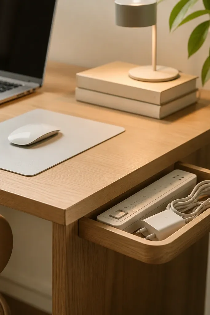 A small desk corner with a shallow wooden tray mounted on the side of the desk, holding a power strip, a coiled cable, and a spare phone charger. The main desk surface shows a laptop, a white mouse pad, and two stacked books under a small task light.
