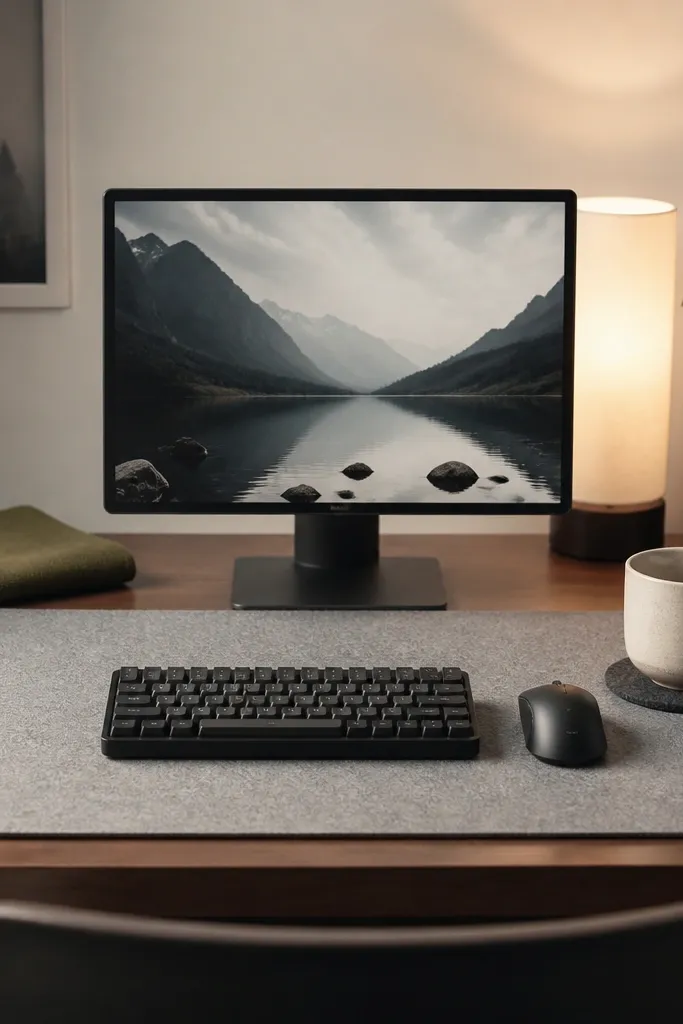 A desk mat made of light gray felt under the keyboard, with a darker wool coaster set under a mug. A small olive-green towel folds at the back corner, and a compact monitor sits centered with a warm lamp behind it.