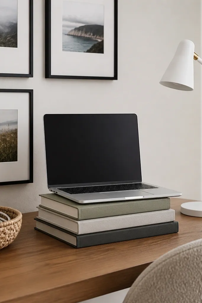 A laptop on top of a stack of three books covered in muted covers, with a slim white lamp on the right. Behind it is a small grid of three framed photos in black frames, and a woven basket holds a charging cable.