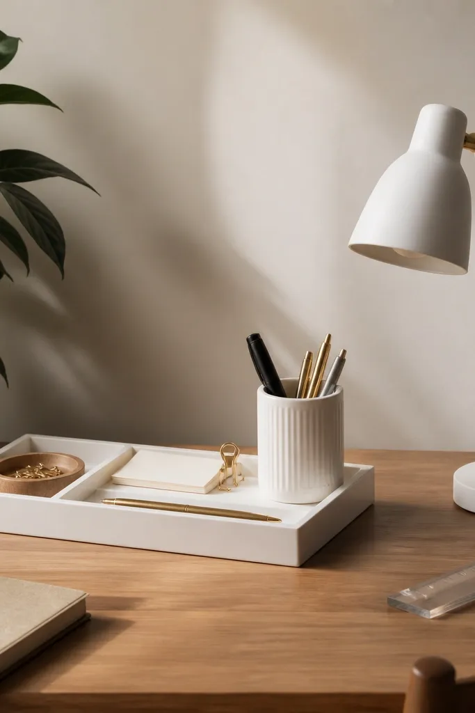 A warm wood desk with a white organizer tray, a white ceramic pen holder, and a small white desk lamp. A dark green plant sits on the left, and a clear acrylic ruler rests along the right edge.