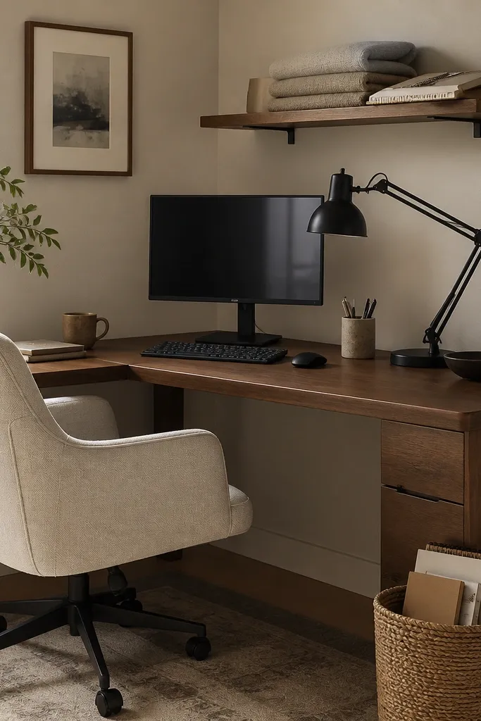 A corner desk with a compact monitor on a stand, a swing-arm lamp extended over the keyboard, and a small shelf above holding folded blankets and a notebook. The chair is a light fabric color, and there's a small basket for mail.