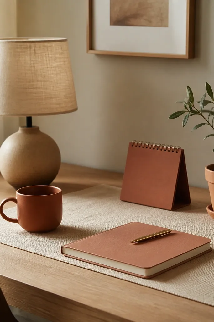 A desk setup with terracotta mug, oatmeal-colored runner, a terracotta desk calendar, and a small terracotta plant pot. The lamp has a warm beige shade, and the notebook is a muted clay color.