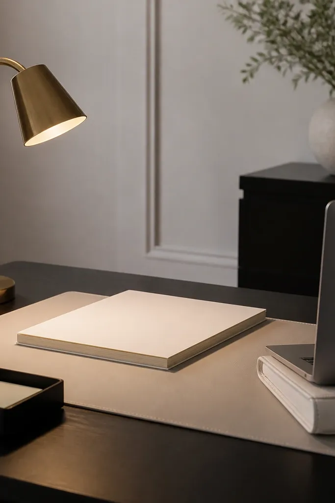 A black desk with a cream desk pad, a brass gooseneck lamp shining onto a stack of cream paper, and a small black tray for sticky notes. A white keyboard cover sits under a laptop.