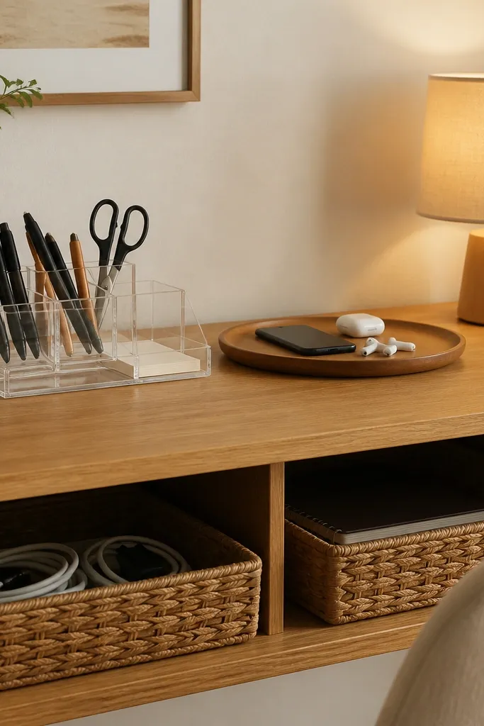 A desk with a clear acrylic organizer holding pens and scissors, and two woven baskets underneath for cables and spare notebooks. A warm lamp sits on the right, and a small tray holds a phone and earbuds.