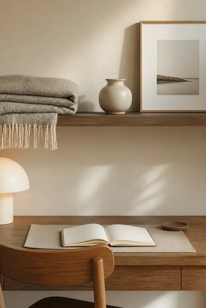 A floating shelf above a desk with a folded throw blanket draped over one side, a small ceramic vase, and a framed print. The desk has a simple wood chair, a warm lamp, and a notebook open on a neutral mat.
