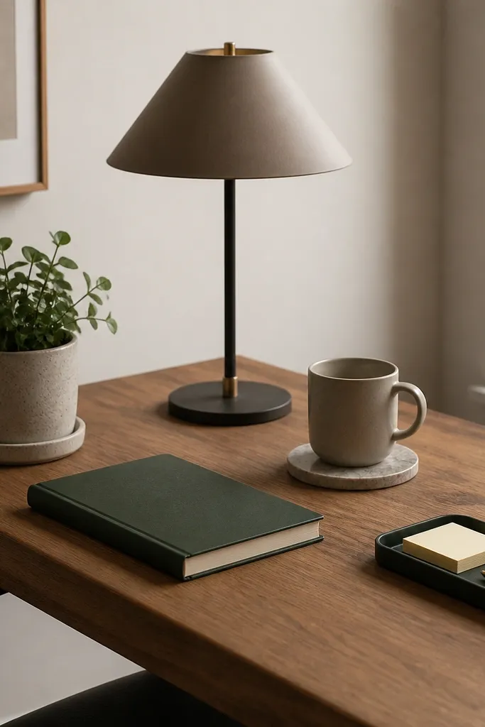 A desk with a small green plant in a ceramic pot, a stone coaster under a mug, and a dark green notebook. The lamp has a taupe shade, and a slim tray holds sticky notes and a pen.