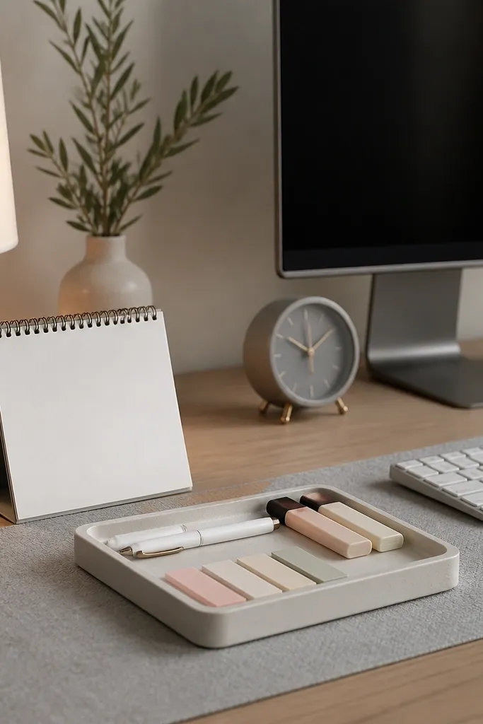 A desk with a minimalist calendar stand, a weekly reset tray with a pen, highlighters, and sticky tabs, and a soft gray runner. A warm lamp lights the left side, and a small desk clock sits near the monitor.