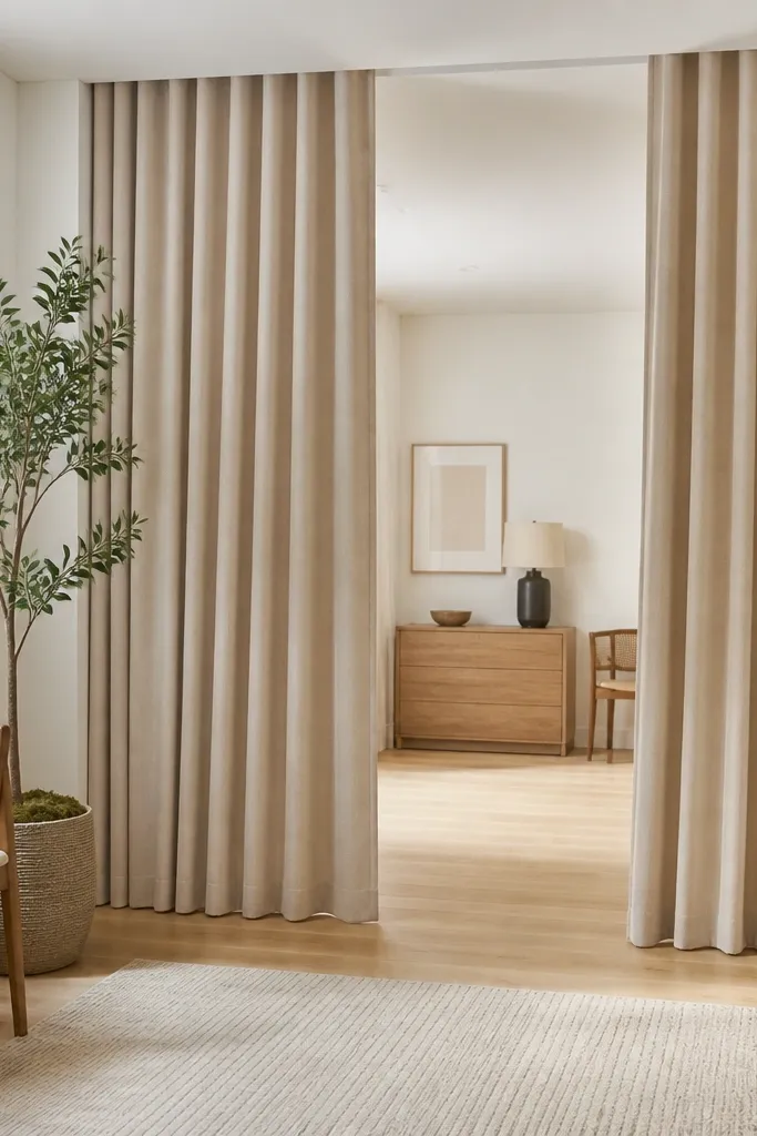 Sheer-beige curtains on a ceiling track dividing a small living area.