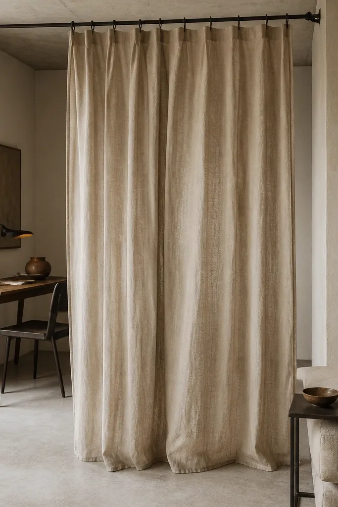 Oat linen curtain held by a tension rod creating a divider in a studio.