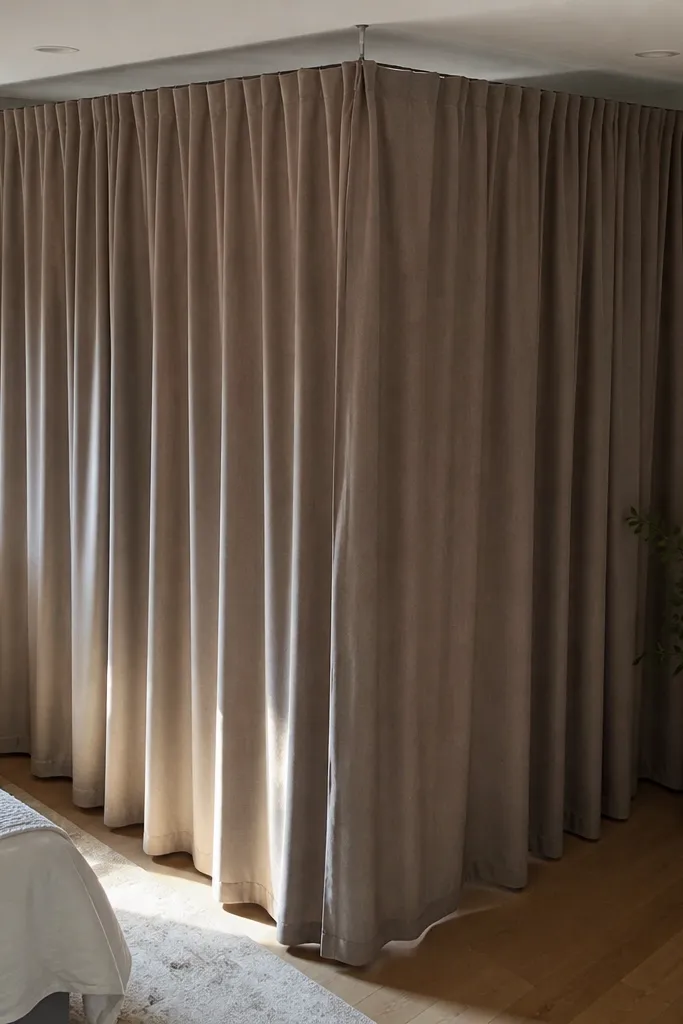 Two curtains meet in a corner, wrapping around to create privacy zones.